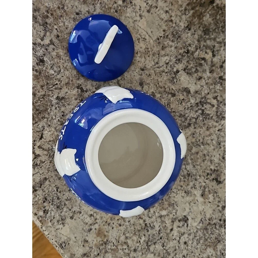 Vintage 1990's Blue & White Ceramic Cat Treats Cookie Jar 4.5